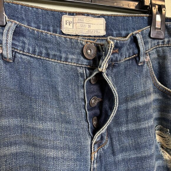 Free People FP Dark Blue Jeans Womens 26 Button Fly Distressed Grunge Boho - Picture 5 of 16